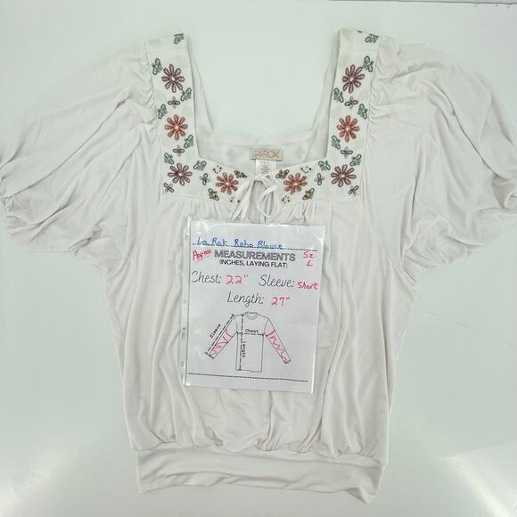 La Rok Women's White Boho Blouse, Sz. L, Embroidered Beaded Square Neck Viscose - Picture 6 of 6